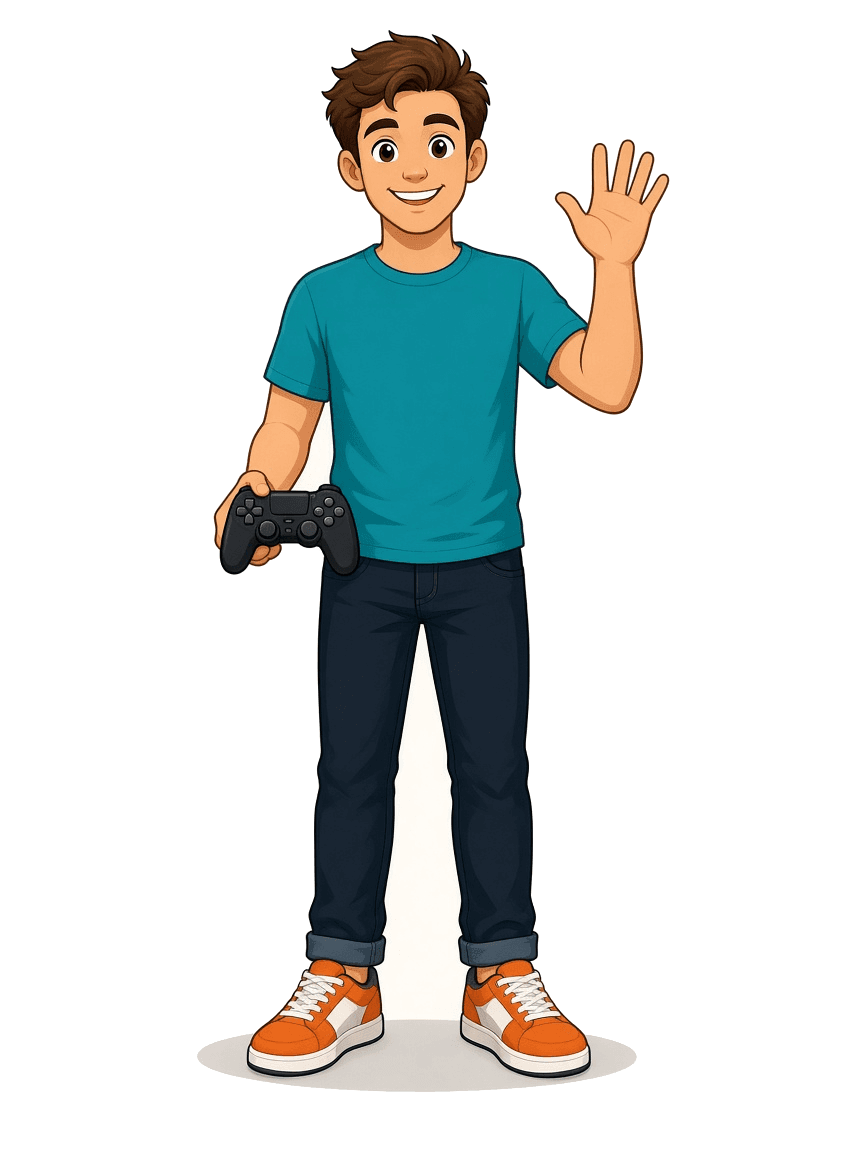 Cartoon illustration of Alex waving with one hand and holding a game controller in the other